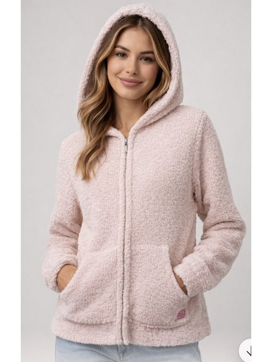 Kashwere Sweaters - KASHWERE Zip Up Hooded Chenilla Classic Sweater Jacket in Light Pink Medium
